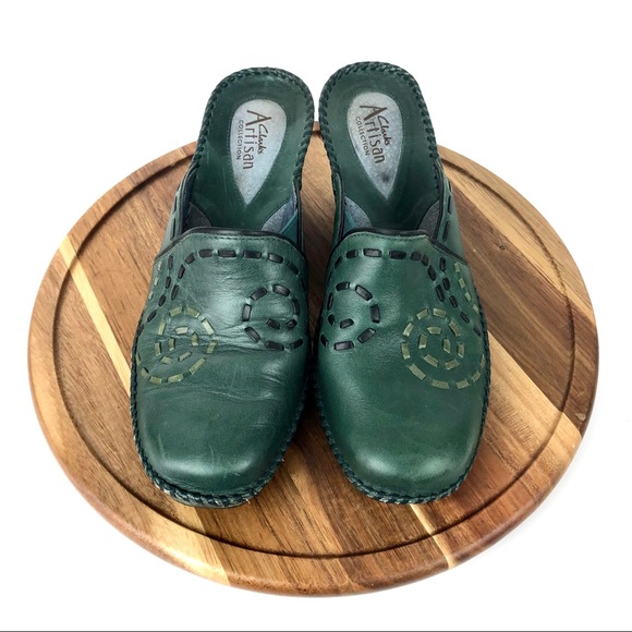 Clarks Shoes - Clark Artisan Green Leather Wedges Womens 8.5 M